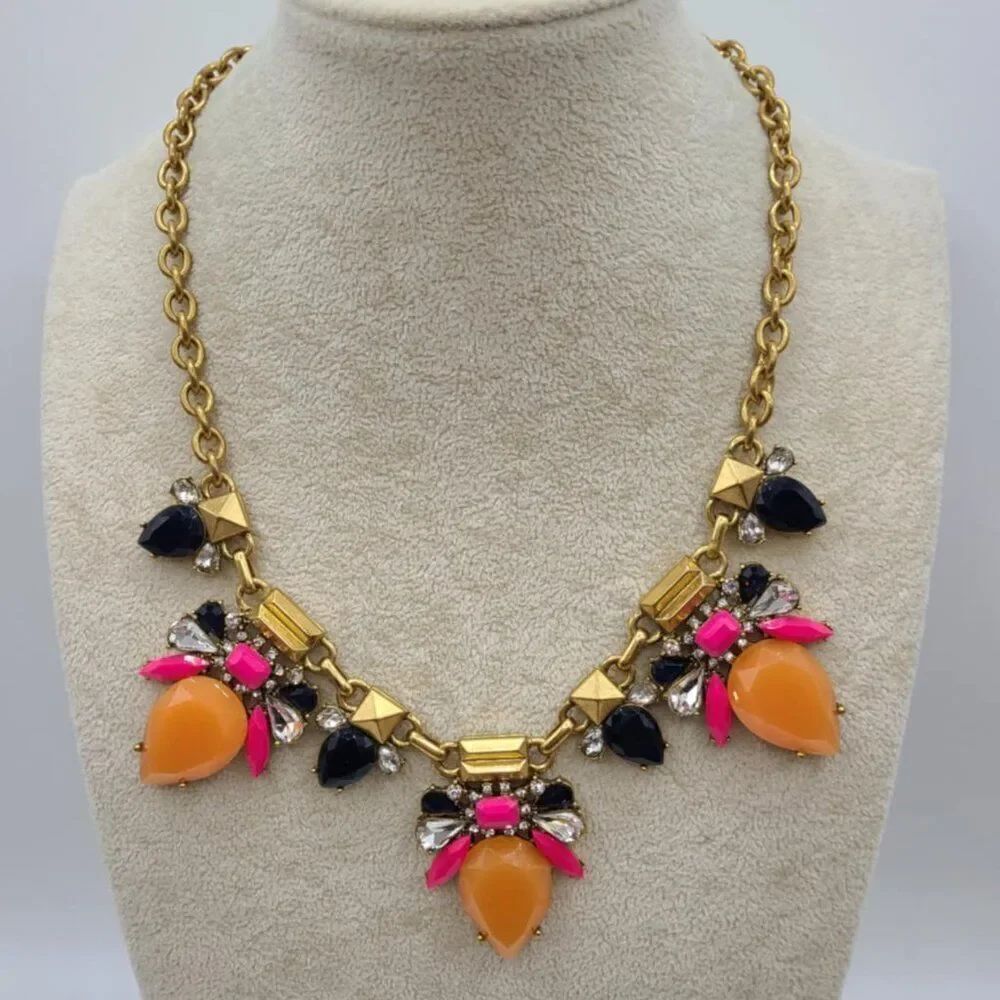 J Crew Orange Pink Blue Crystal Resin Gold Tone Statement Necklace